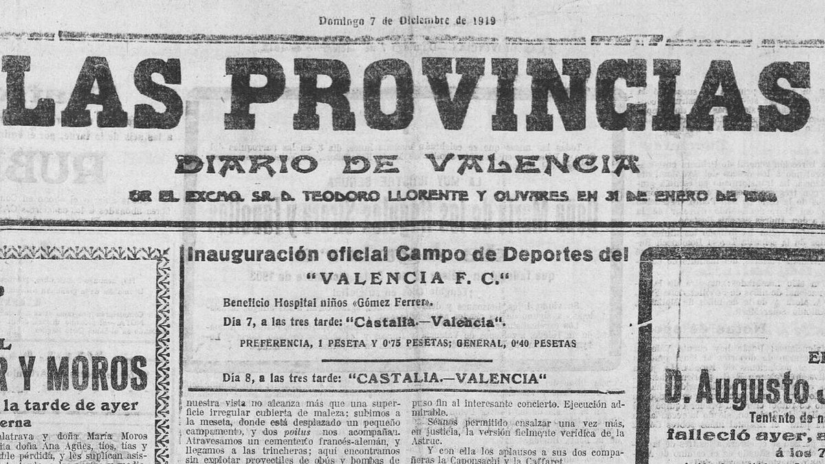 Portada de Las Provincias anunciando la inauguración del campo del Valencia F.C., diciembre de 1919