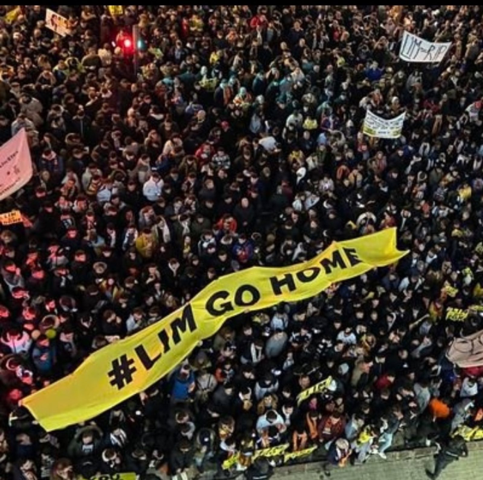 Vista aérea de una manifestación multitudinaria en Valencia con una gran pancarta amarilla que dice «Lim go home»